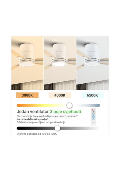 Ventilator stropni sa svjetiljkom 42",15W,3CCT bijela ili boja drveta (FNX-42WH-WD)