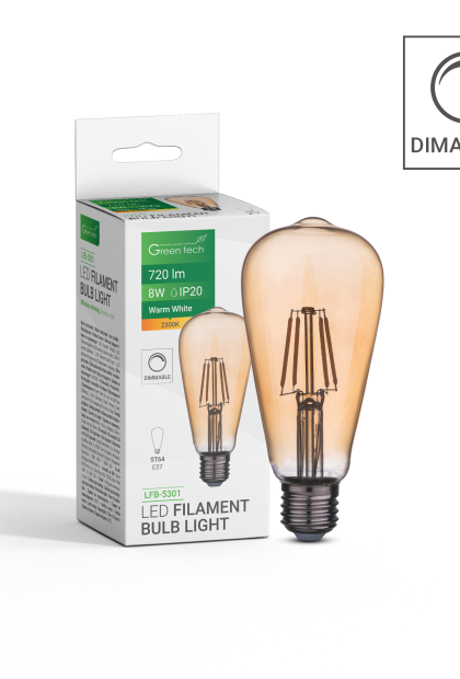 LED filament žarulja 8W, 2300K, E27, AC220V, ST64, amber, dimabilna Green Tech