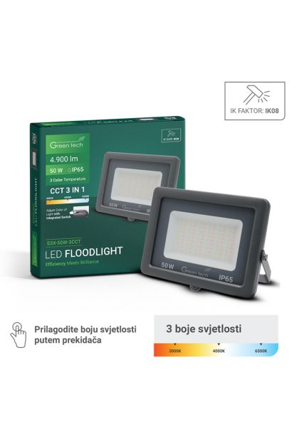 LED reflektor Green Tech 50W, 3CCT, IP65, aluminij